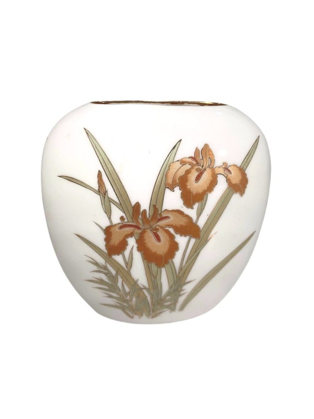 Vtg Japan Pillow Vase Iris Floral Metallic Gold Etched Glazed Copper Green 4.25"